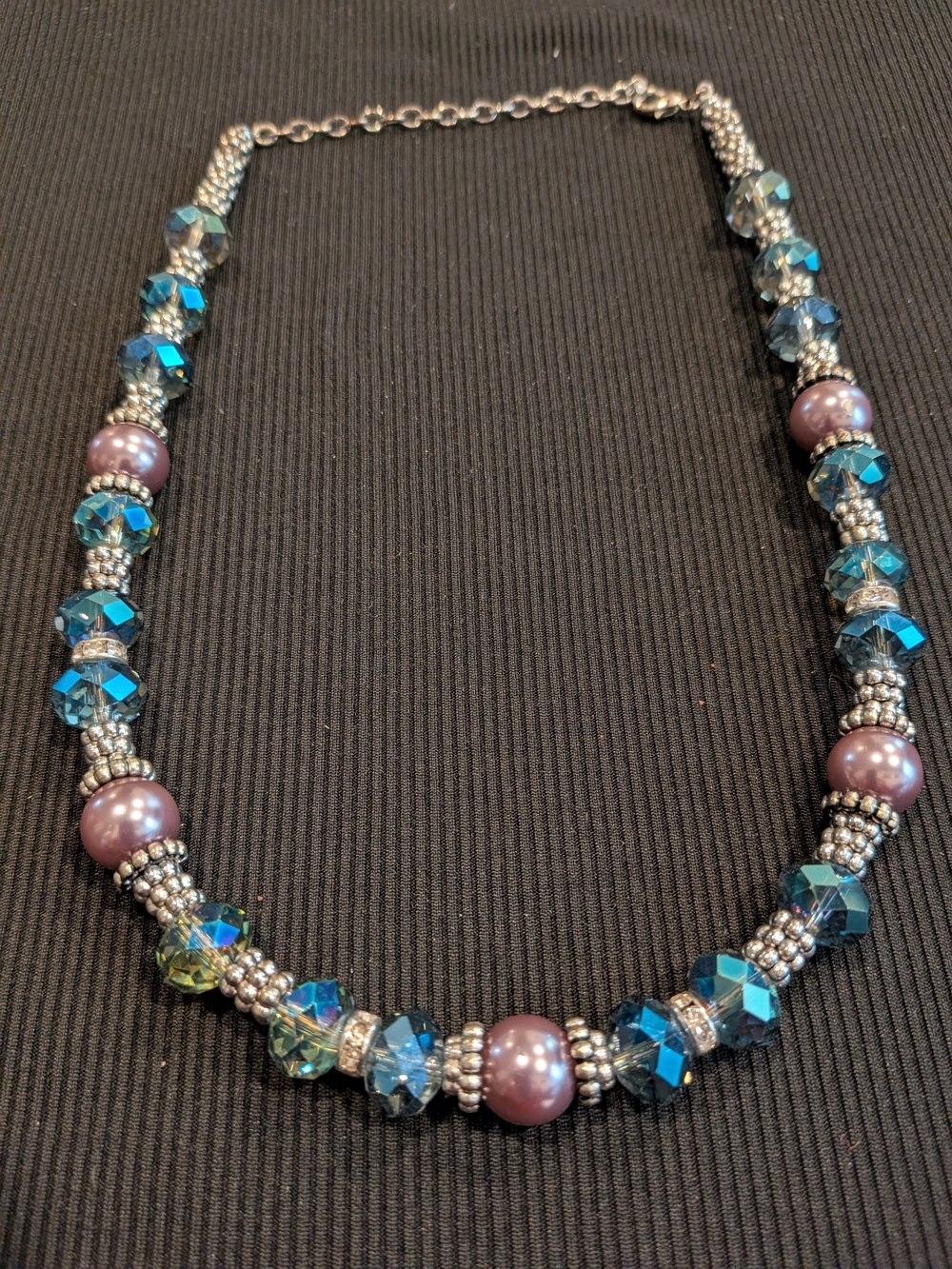B#4: Blue AB Crystal and Lilac Pearl Beaded Necklace 9"